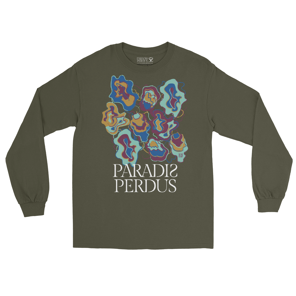 T-shirt manches longues en coton kaki army imprimé “Sfogliatelle” de Paradis Perdus® 3 Le KRUSH workshop boutique T-shirt manches longues en coton kaki army imprimé “Sfogliatelle” de Paradis Perdus® posé à plat devant