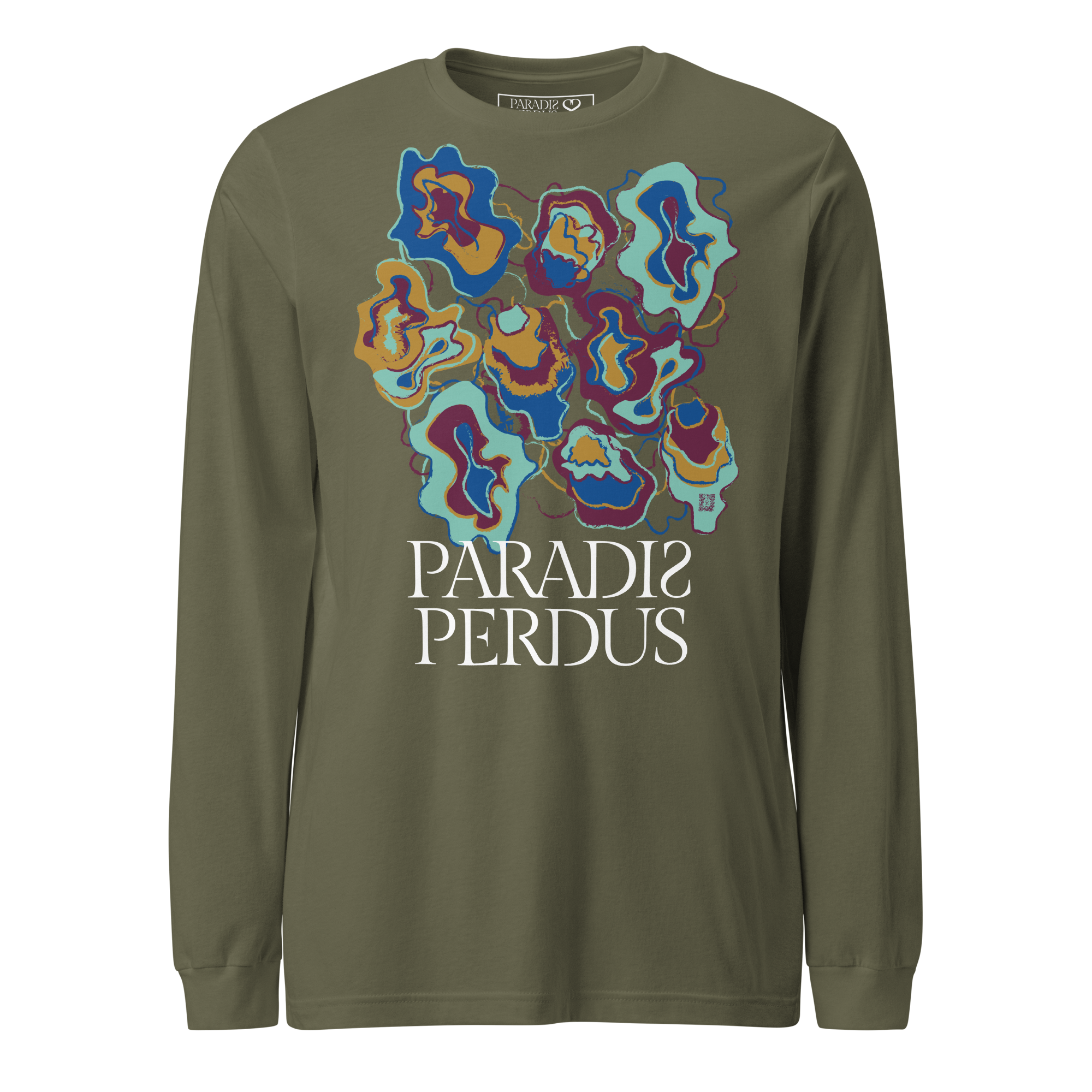 T-shirt manches longues en coton kaki army imprimé “Sfogliatelle” de Paradis Perdus® 1 Le KRUSH workshop boutique T-shirt manches longues en coton kaki army imprimé “Sfogliatelle” de Paradis Perdus® porté de devant