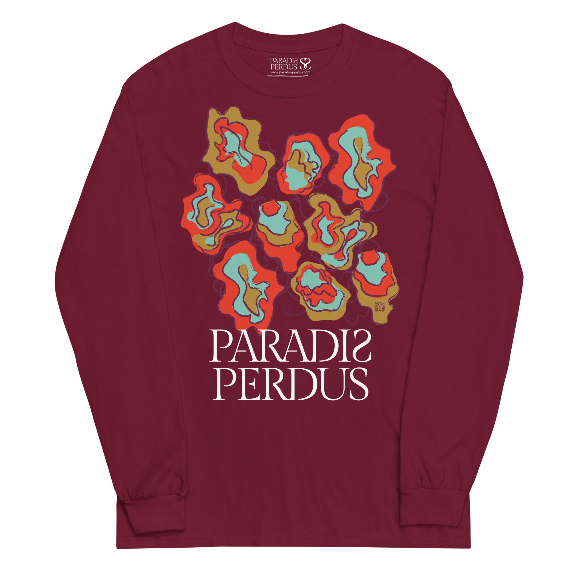 T-shirt manches longues en coton prune violette imprimé “Sfogliatelle” de Paradis Perdus® 3 Le KRUSH workshop boutique T-shirt manches longues en coton prune violette imprimé “Sfogliatelle” de Paradis Perdus® posé à plat devant