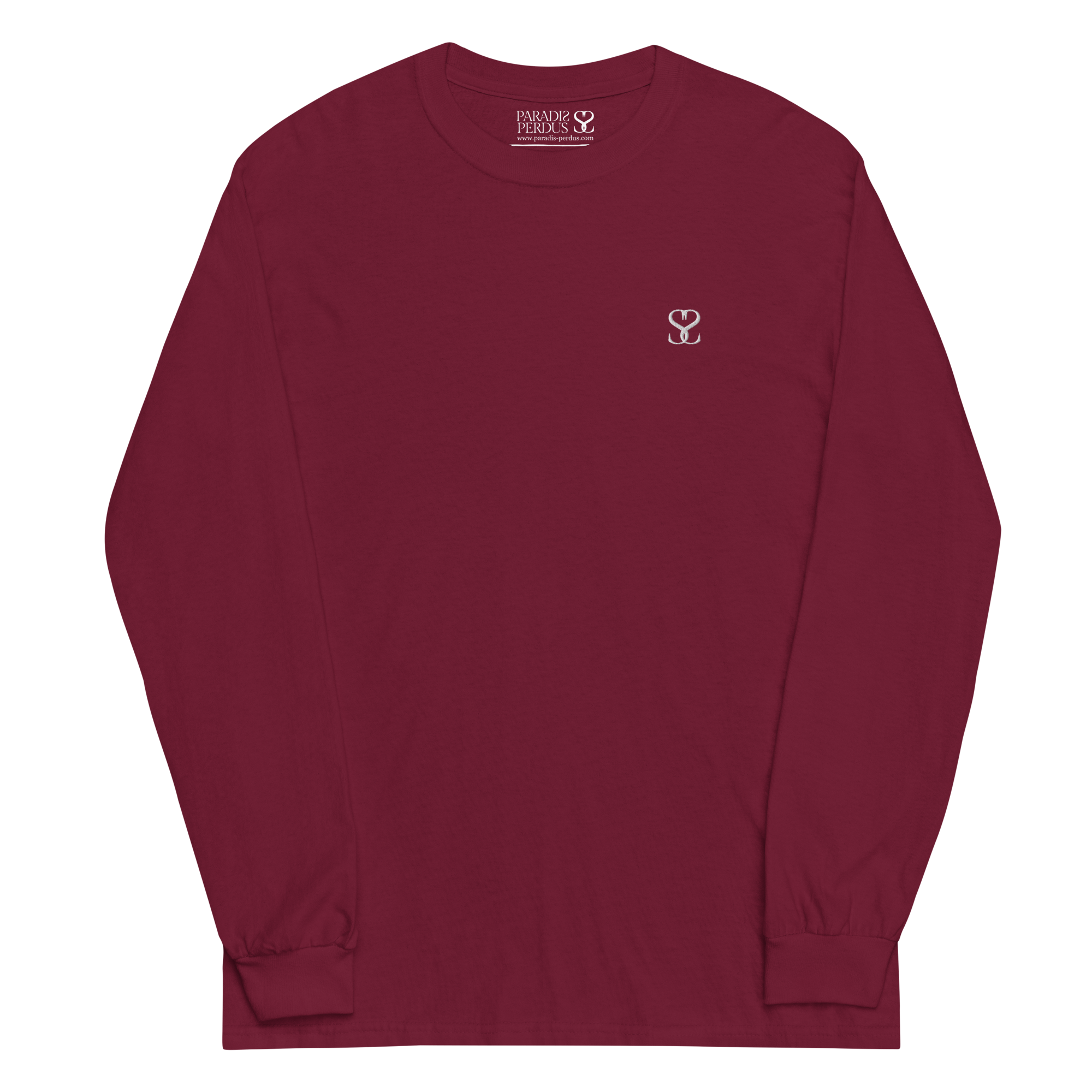 T-shirt manches longues en coton prune violette brodé monogramme blanc de Paradis Perdus® 3 Le KRUSH workshop boutique T-shirt manches longues en coton prune violette brodé du monogramme blanc intense de Paradis Perdus® posé à plat devant