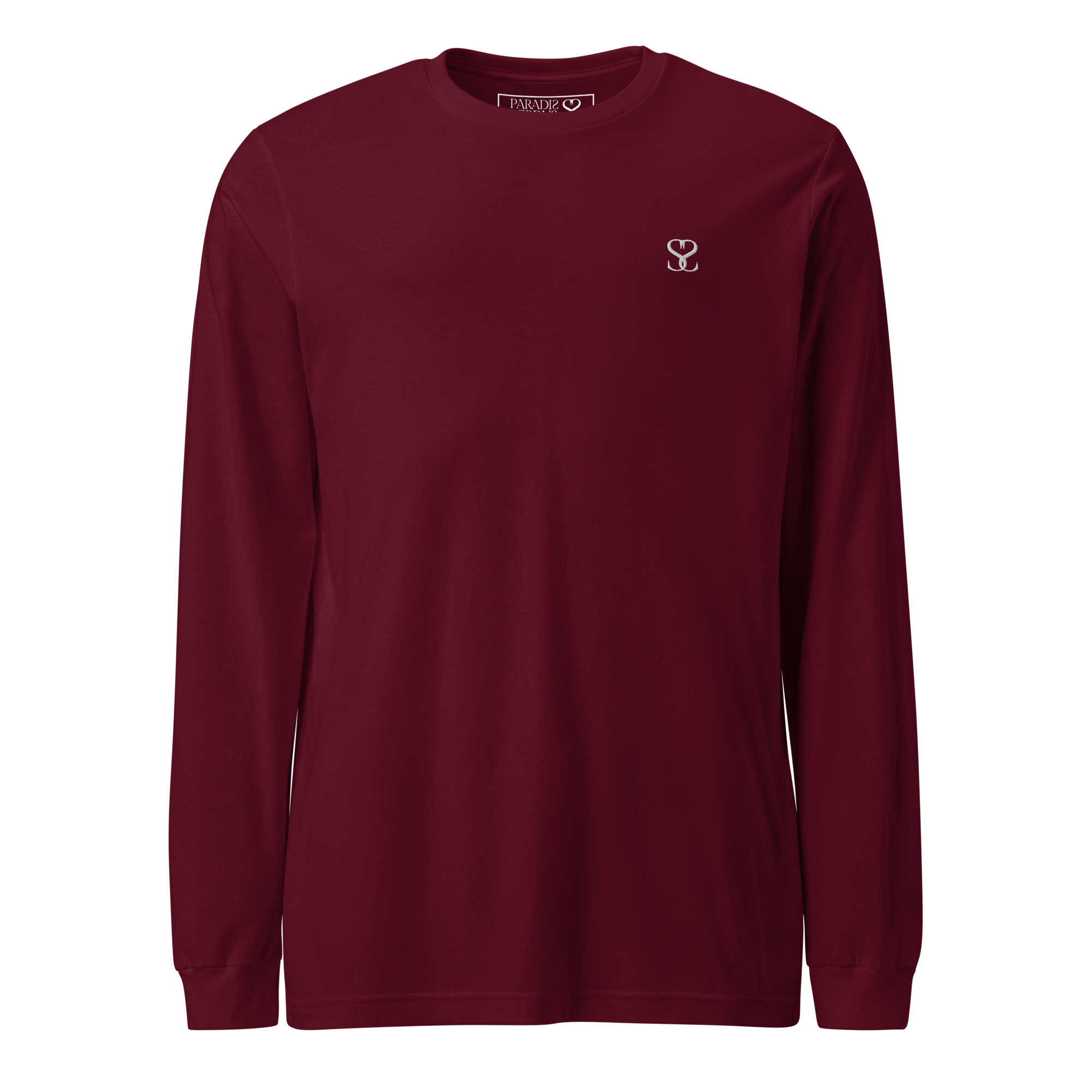 T-shirt manches longues en coton prune violette brodé monogramme blanc de Paradis Perdus® 1 Le KRUSH workshop boutique T-shirt manches longues en coton prune violette brodé du monogramme blanc intense de Paradis Perdus® porté de devant