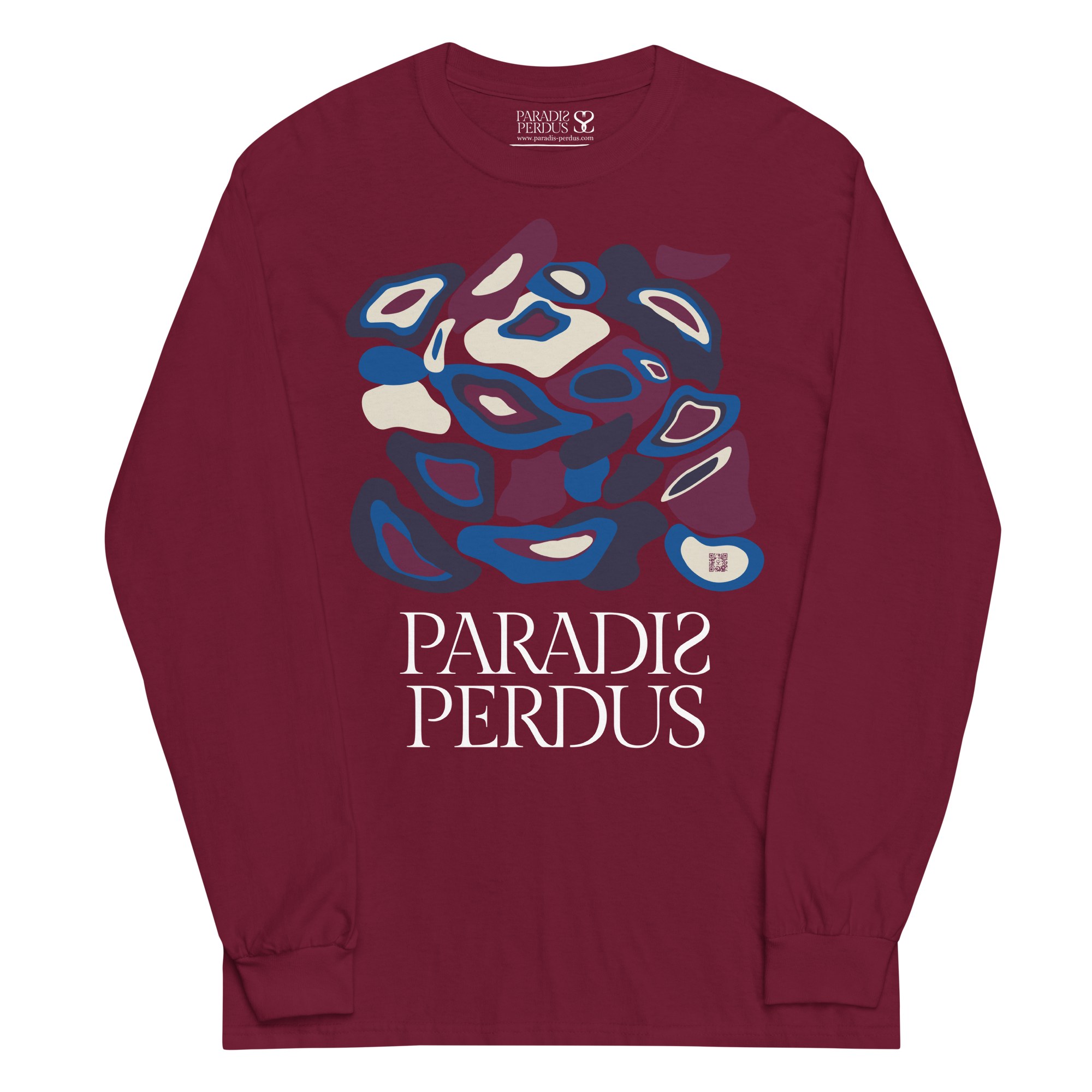 T-shirt manches longues en coton prune violette imprimé “Panscro” de Paradis Perdus® 3 Le KRUSH workshop boutique T-shirt manches longues en coton prune violette imprimé “Panscro” de Paradis Perdus® posé à plat devant