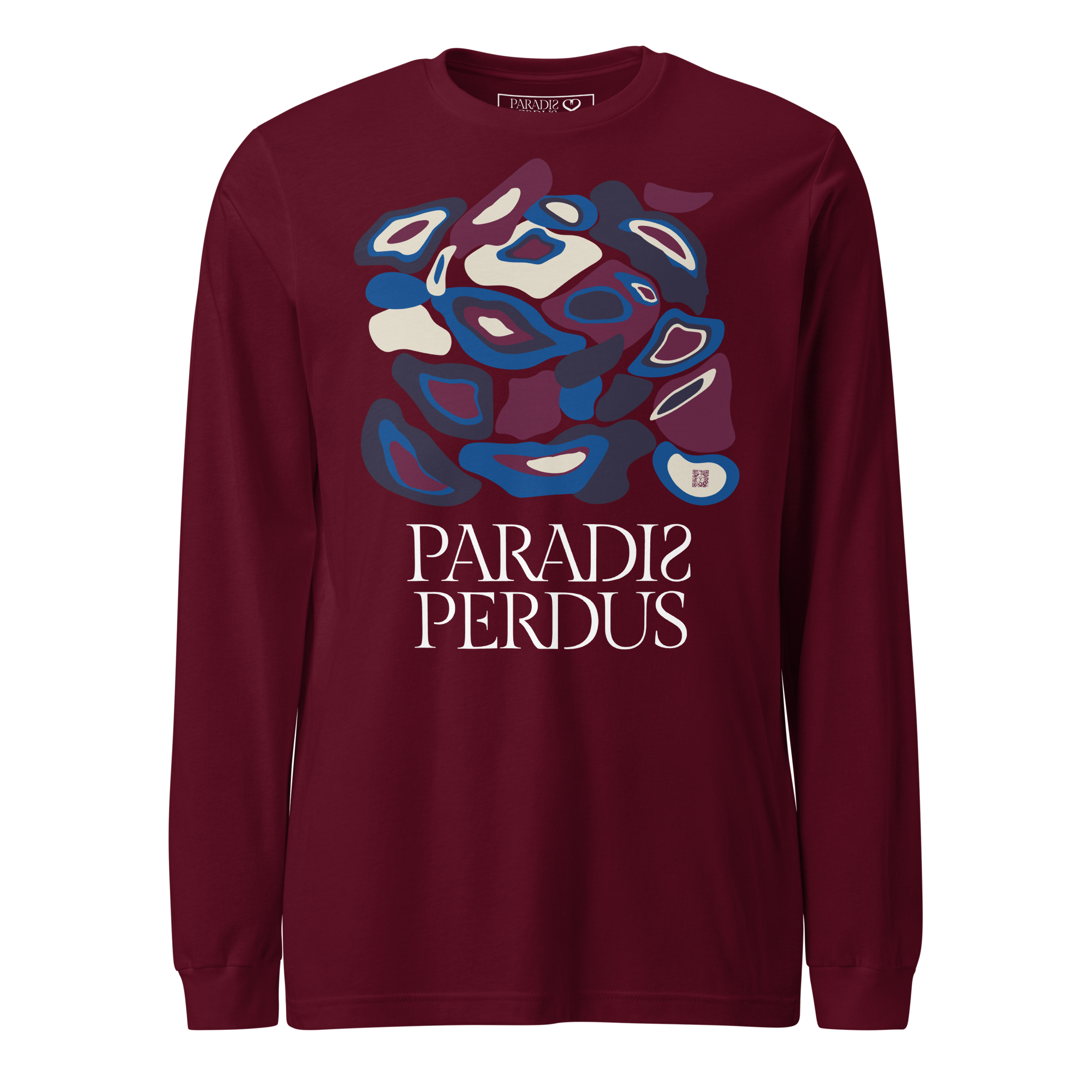 T-shirt manches longues en coton prune violette imprimé “Panscro” de Paradis Perdus® 1 Le KRUSH workshop boutique T-shirt manches longues en coton prune violette imprimé “Panscro” de Paradis Perdus® porté de devant