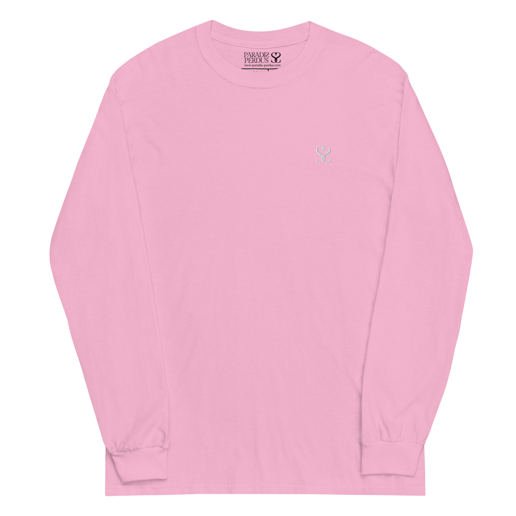 T-shirt manches longues en coton rose bonbon brodé monogramme blanc de Paradis Perdus® 1 Le KRUSH workshop boutique T-shirt manches longues en coton rose bonbon brodé du monogramme blanc intense de Paradis Perdus® porté de devant