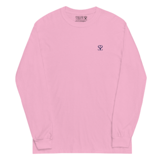 T-shirt manches longues en coton rose bonbon brodé du monogramme bleu marine de Paradis Perdus® porté de devant