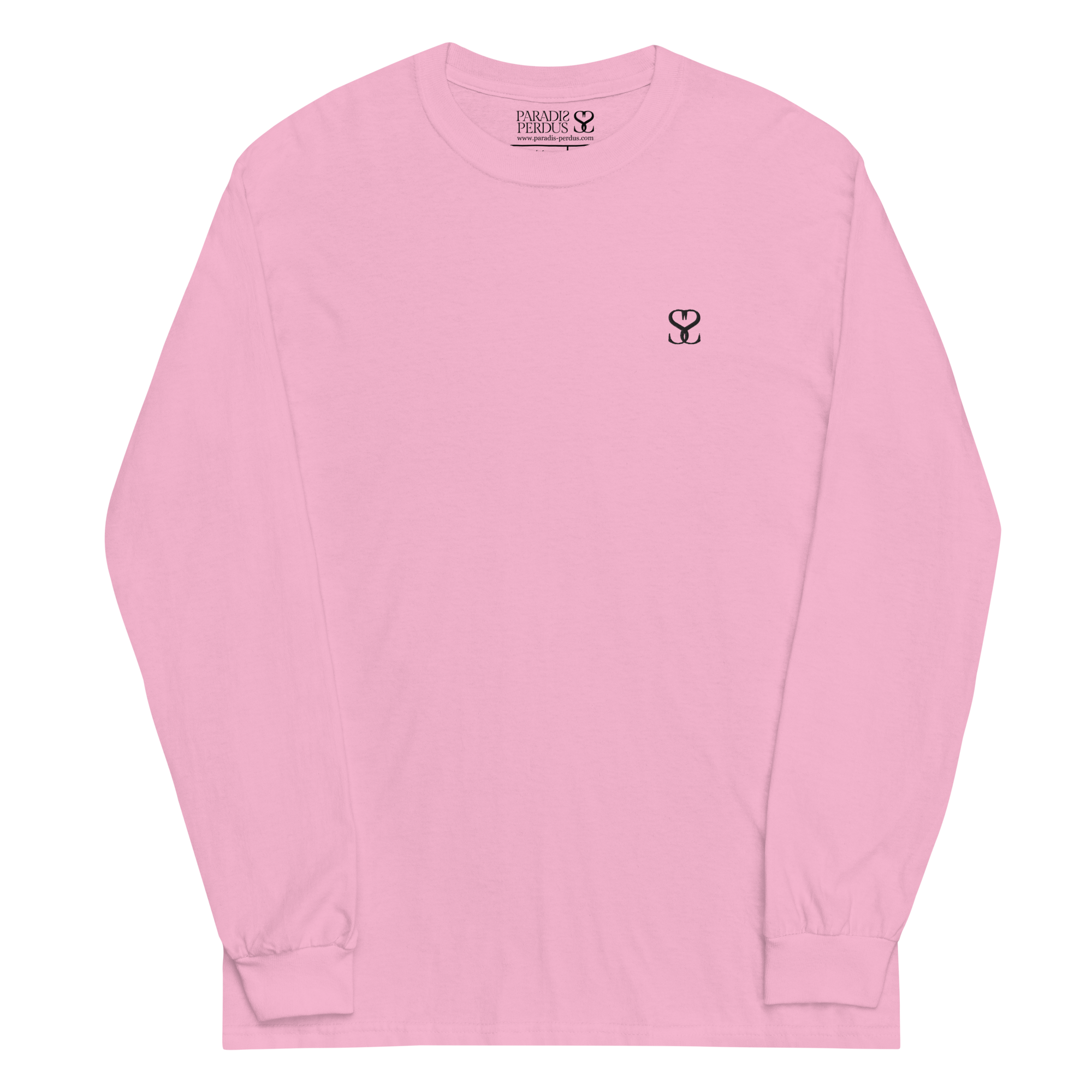 T-shirt manches longues en coton rose bonbon brodé monogramme noir de Paradis Perdus® 1 Le KRUSH workshop boutique T-shirt manches longues en coton rose bonbon brodé du monogramme noir profond de Paradis Perdus® porté de devant