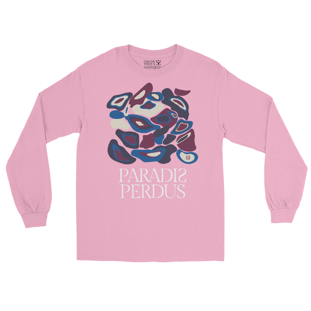 T-shirt manches longues en coton rose bonbon imprimé “Panscro” de Paradis Perdus® 3 Le KRUSH workshop boutique T-shirt manches longues en coton rose bonbon imprimé “Panscro” de Paradis Perdus® posé à plat devant