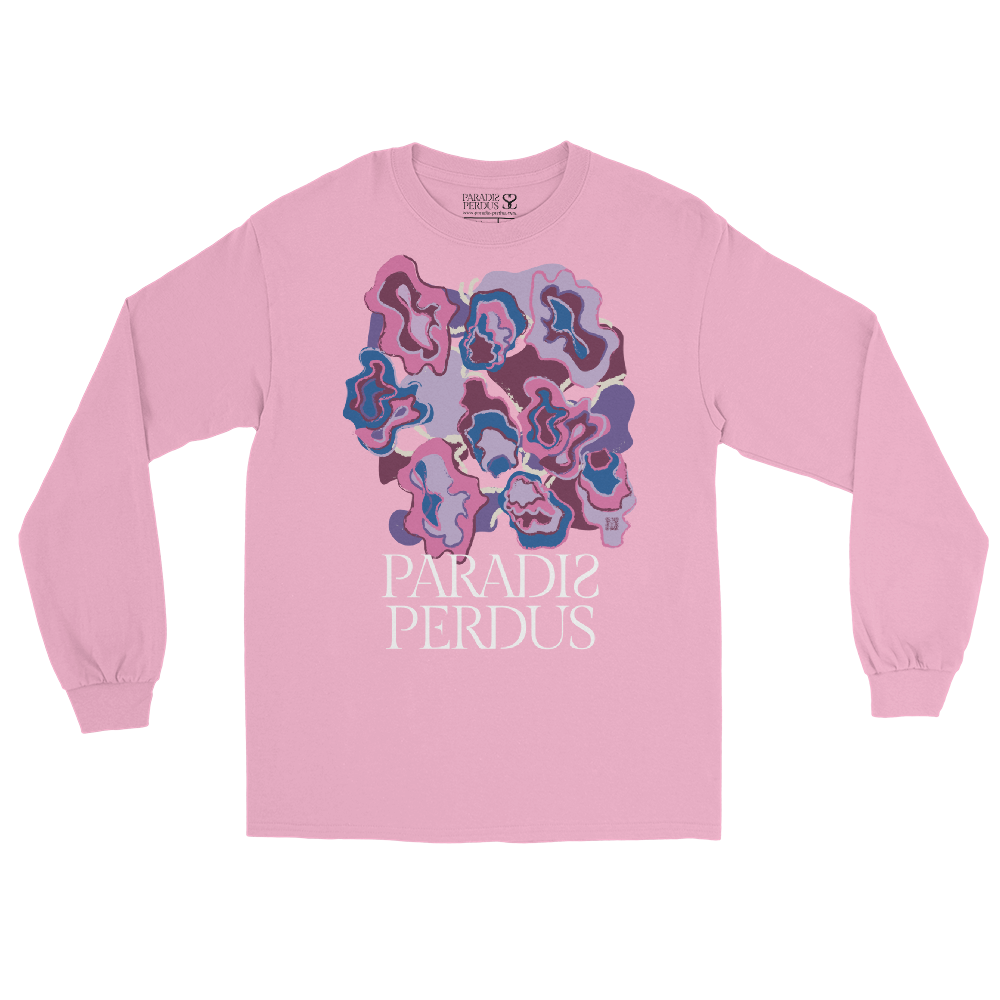 T-shirt manches longues en coton rose bonbon imprimé “Sfogliatelle” de Paradis Perdus® 3 Le KRUSH workshop boutique T-shirt manches longues en coton rose bonbon imprimé “Sfogliatelle” de Paradis Perdus® posé à plat devant