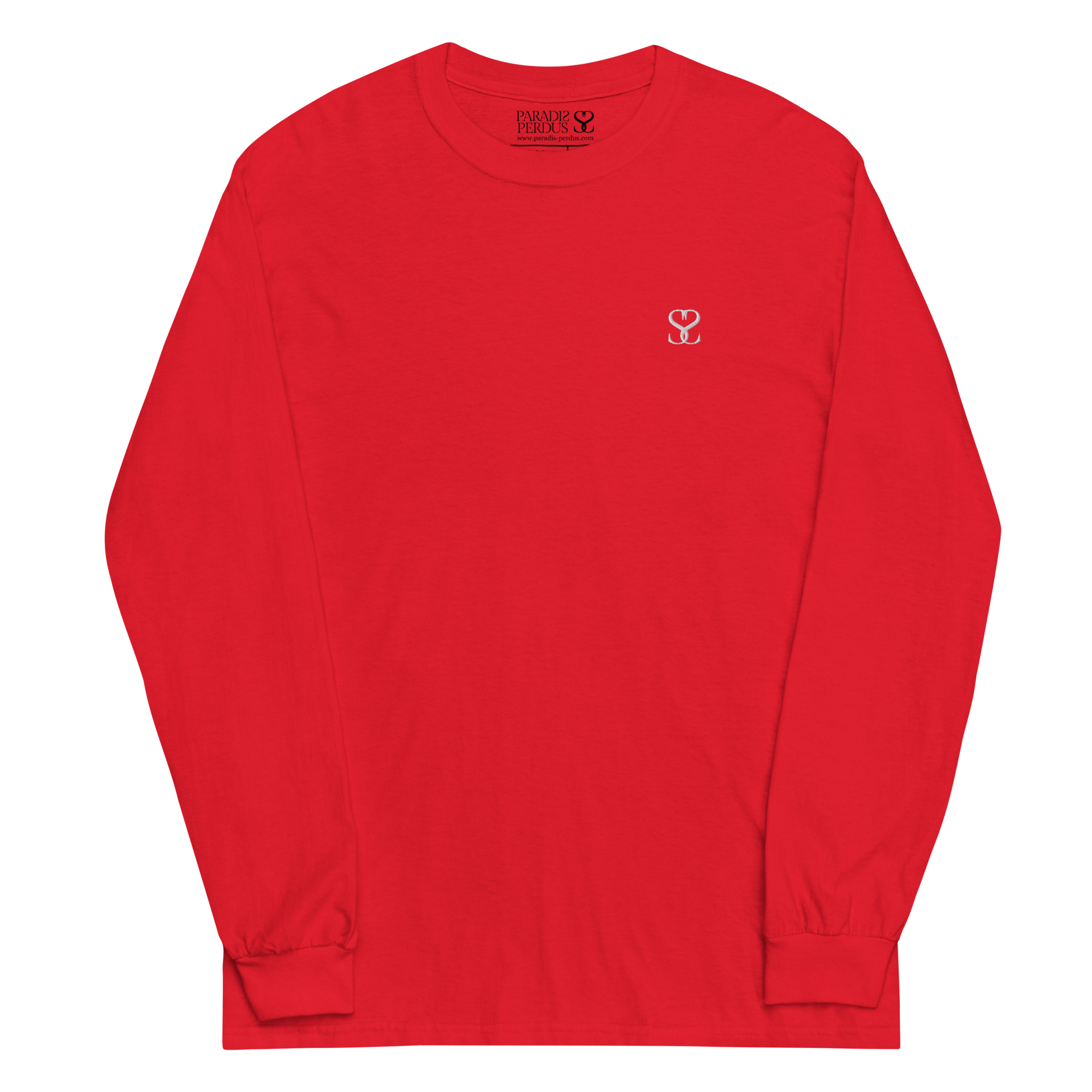 T-shirt manches longues en coton rouge écarlate brodé monogramme blanc de Paradis Perdus® 3 Le KRUSH workshop boutique T-shirt manches longues en coton rouge écarlate brodé du monogramme blanc intense de Paradis Perdus® posé à plat devant