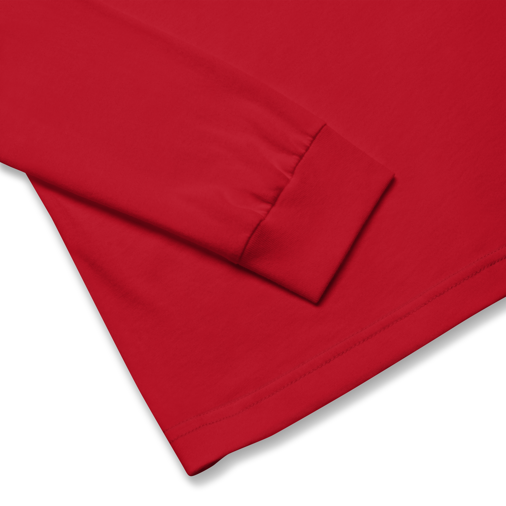 T-shirt manches longues en coton rouge écarlate brodé monogramme blanc de Paradis Perdus® 8 Le KRUSH workshop boutique T-shirt manches longues en coton rouge écarlate brodé du monogramme blanc intense de Paradis Perdus® présenté en gros plan des finitions
