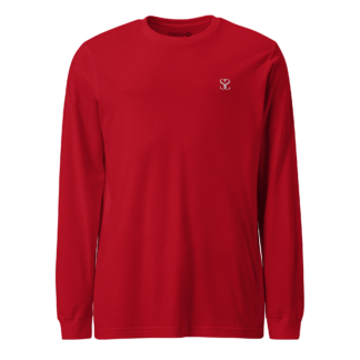 T-shirt manches longues en coton rouge écarlate brodé du monogramme blanc intense de Paradis Perdus® porté de devant