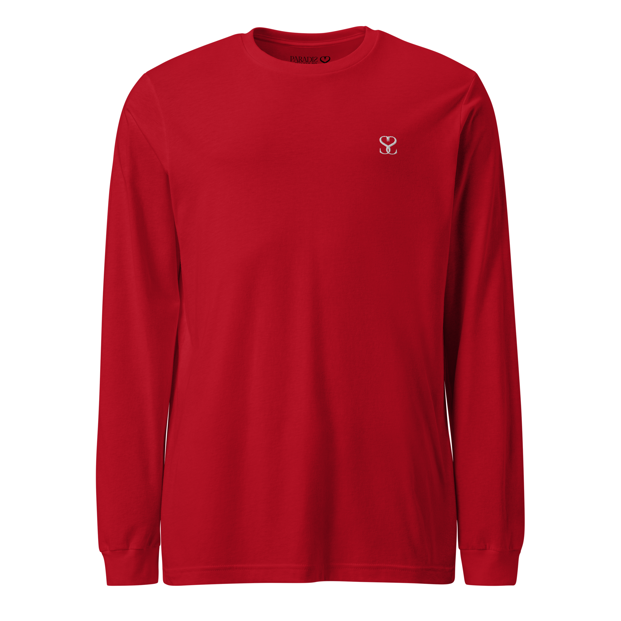T-shirt manches longues en coton rouge écarlate brodé monogramme blanc de Paradis Perdus® 1 Le KRUSH workshop boutique T-shirt manches longues en coton rouge écarlate brodé du monogramme blanc intense de Paradis Perdus® porté de devant