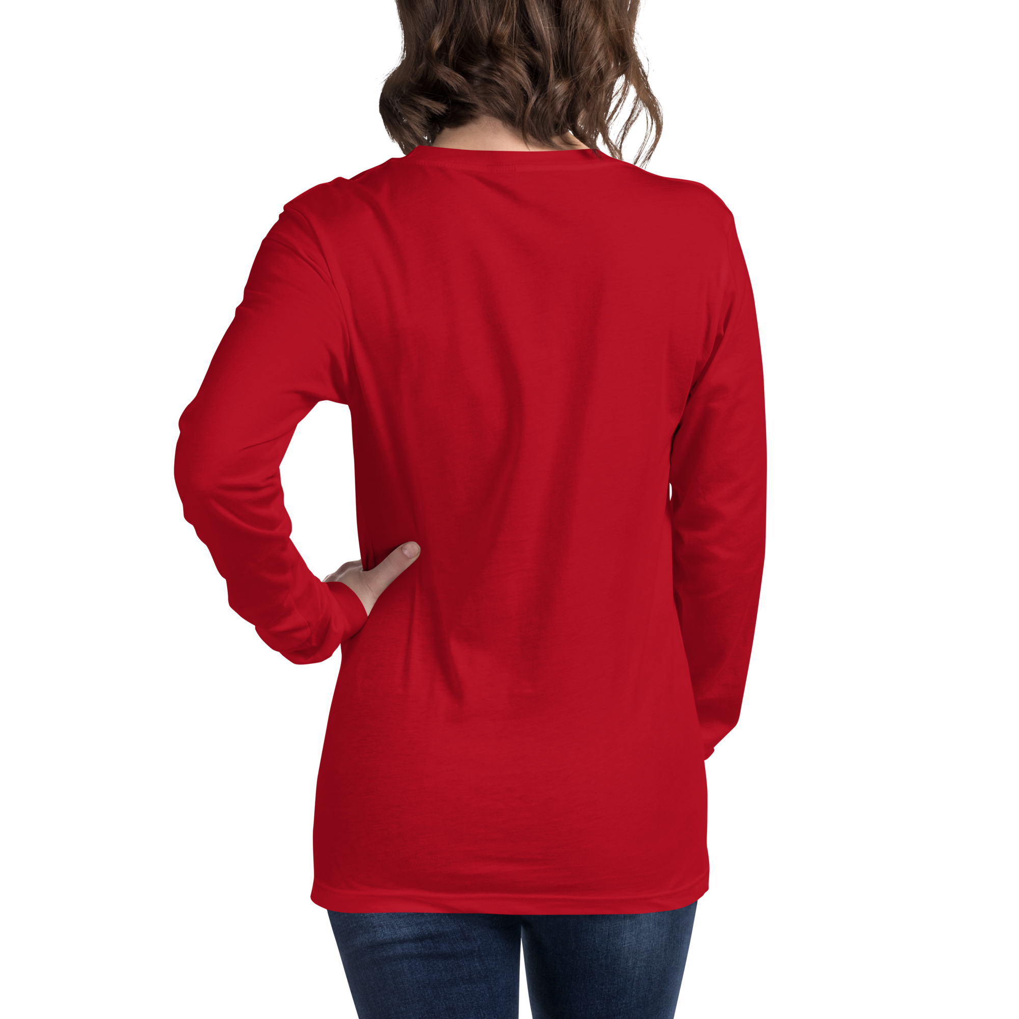 T-shirt manches longues en coton rouge écarlate brodé monogramme blanc de Paradis Perdus® 6 Le KRUSH workshop boutique T-shirt manches longues en coton rouge écarlate brodé du monogramme blanc intense de Paradis Perdus® porté par une femme de dos