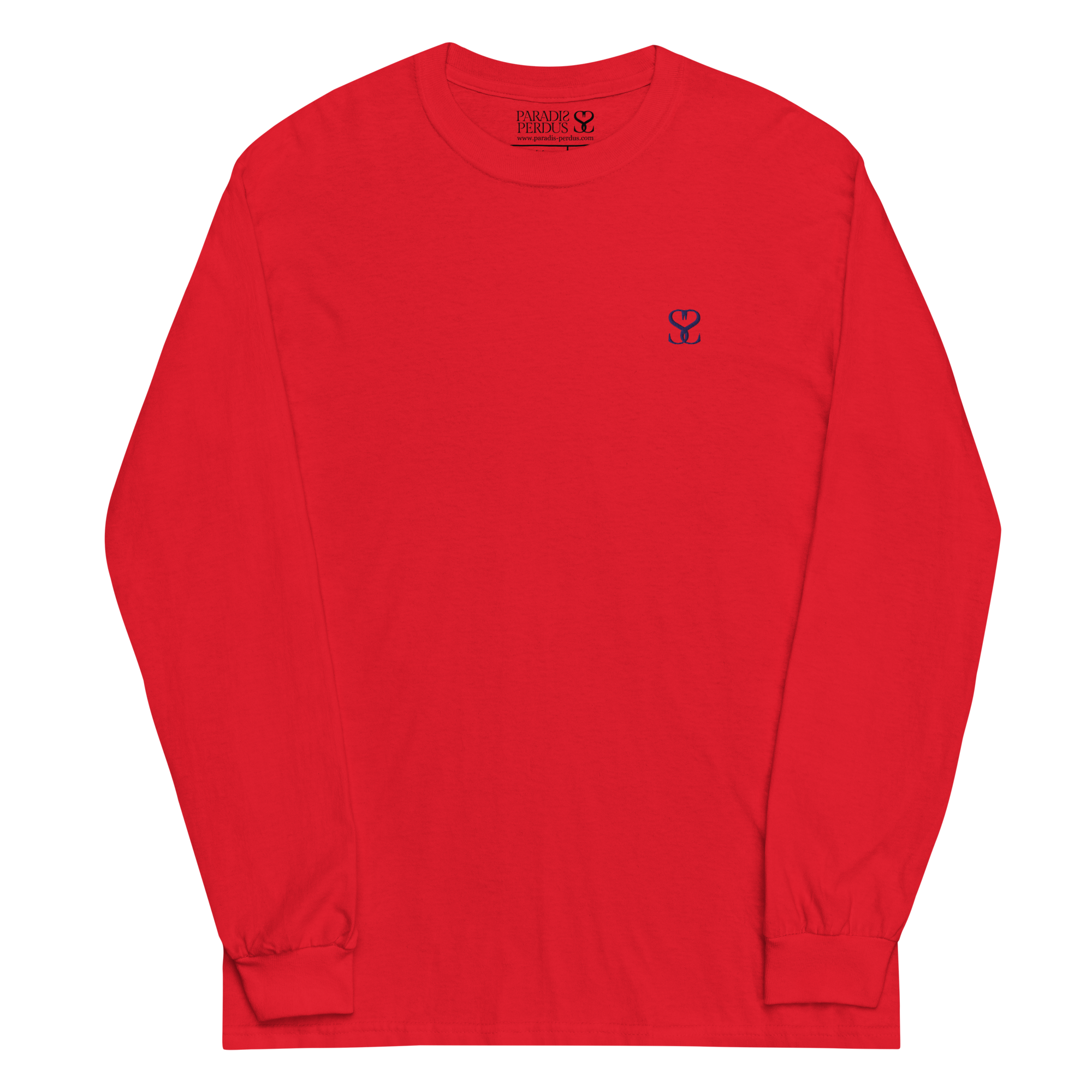 T-shirt manches longues en coton rouge écarlate brodé monogramme bleu de Paradis Perdus® 3 Le KRUSH workshop boutique T-shirt manches longues en coton rouge écarlate brodé du monogramme bleu marine de Paradis Perdus® posé à plat devant