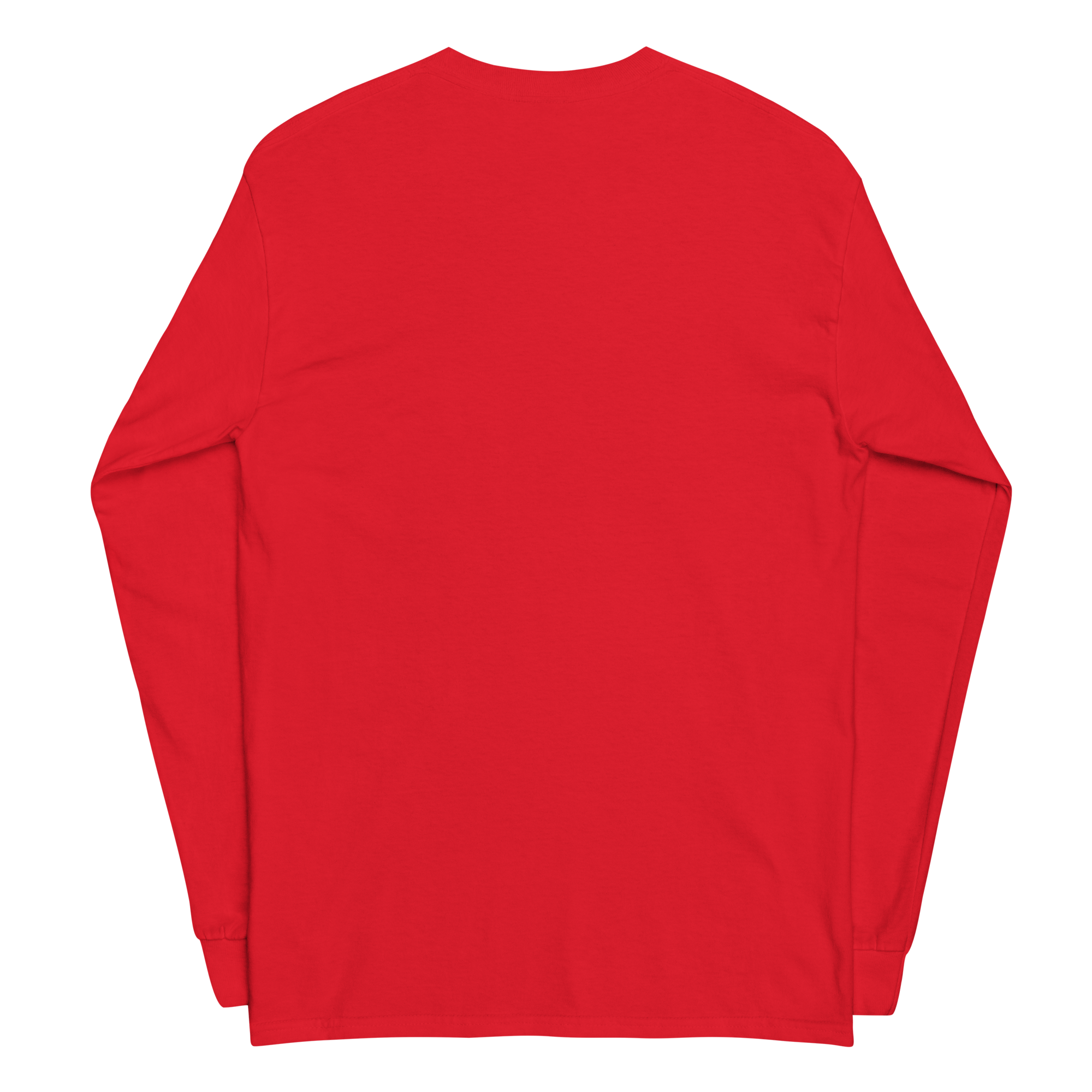 T-shirt manches longues en coton rouge écarlate brodé monogramme bleu de Paradis Perdus® 4 Le KRUSH workshop boutique T-shirt manches longues en coton rouge écarlate brodé du monogramme bleu marine de Paradis Perdus® posé à plat dos