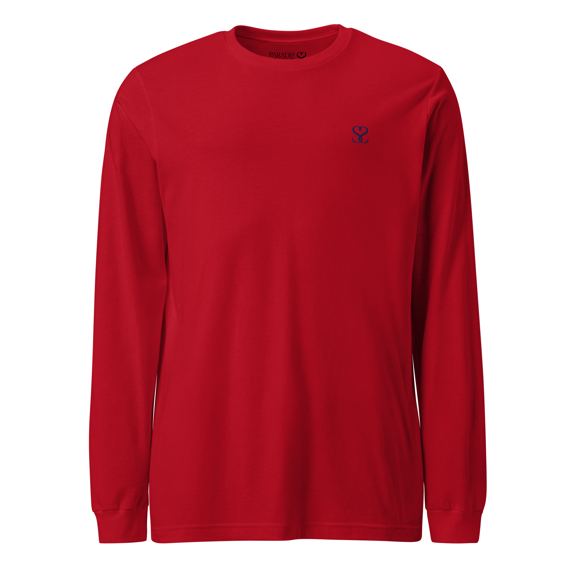 T-shirt manches longues en coton rouge écarlate brodé monogramme bleu de Paradis Perdus® 1 Le KRUSH workshop boutique T-shirt manches longues en coton rouge écarlate brodé du monogramme bleu marine de Paradis Perdus® porté de devant