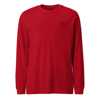 T-shirt manches longues en coton rouge écarlate brodé du monogramme noir profond de Paradis Perdus® porté de devant