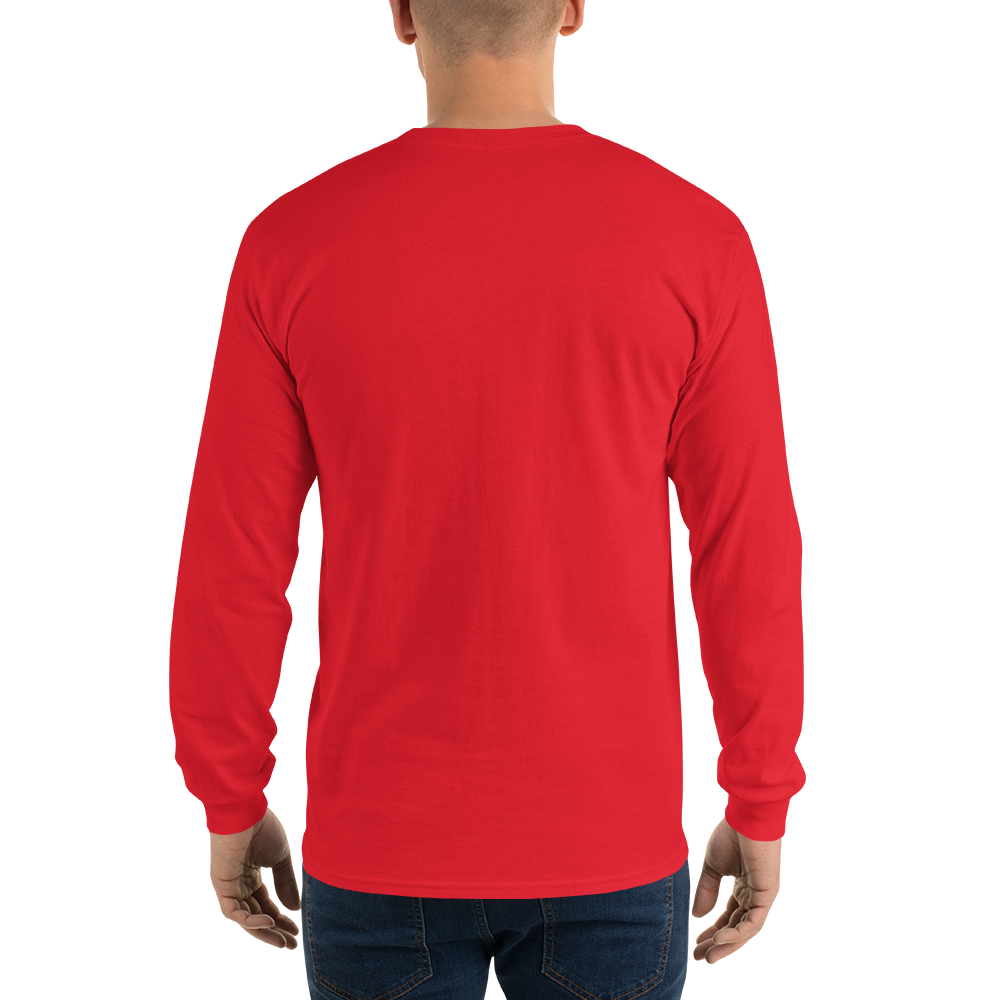 T-shirt manches longues en coton rouge écarlate brodé monogramme noir de Paradis Perdus® 6 Le KRUSH workshop boutique T-shirt manches longues en coton rouge écarlate brodé du monogramme noir profond de Paradis Perdus® porté par un homme de dos