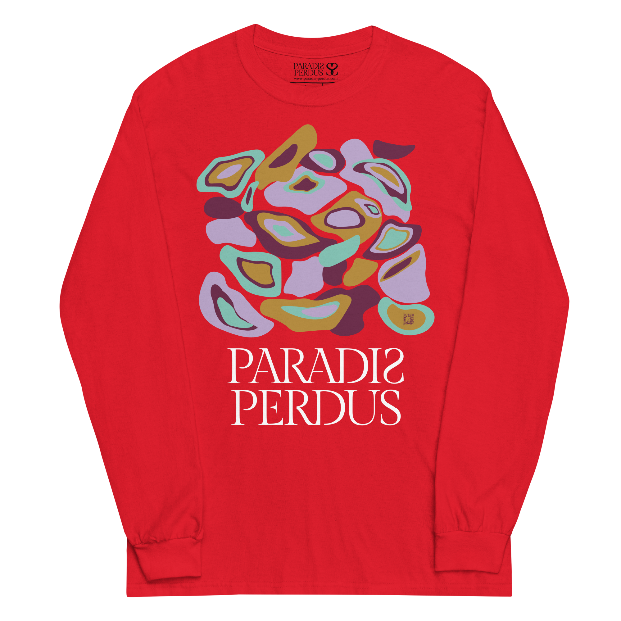 T-shirt manches longues en coton rouge écarlate imprimé “Panscro” de Paradis Perdus® 3 Le KRUSH workshop boutique T-shirt manches longues en coton rouge écarlate imprimé “Panscro” de Paradis Perdus® posé à plat devant
