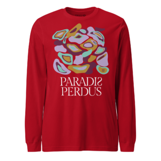 T-shirt manches longues en coton rouge écarlate imprimé “Panscro” de Paradis Perdus® porté de devant