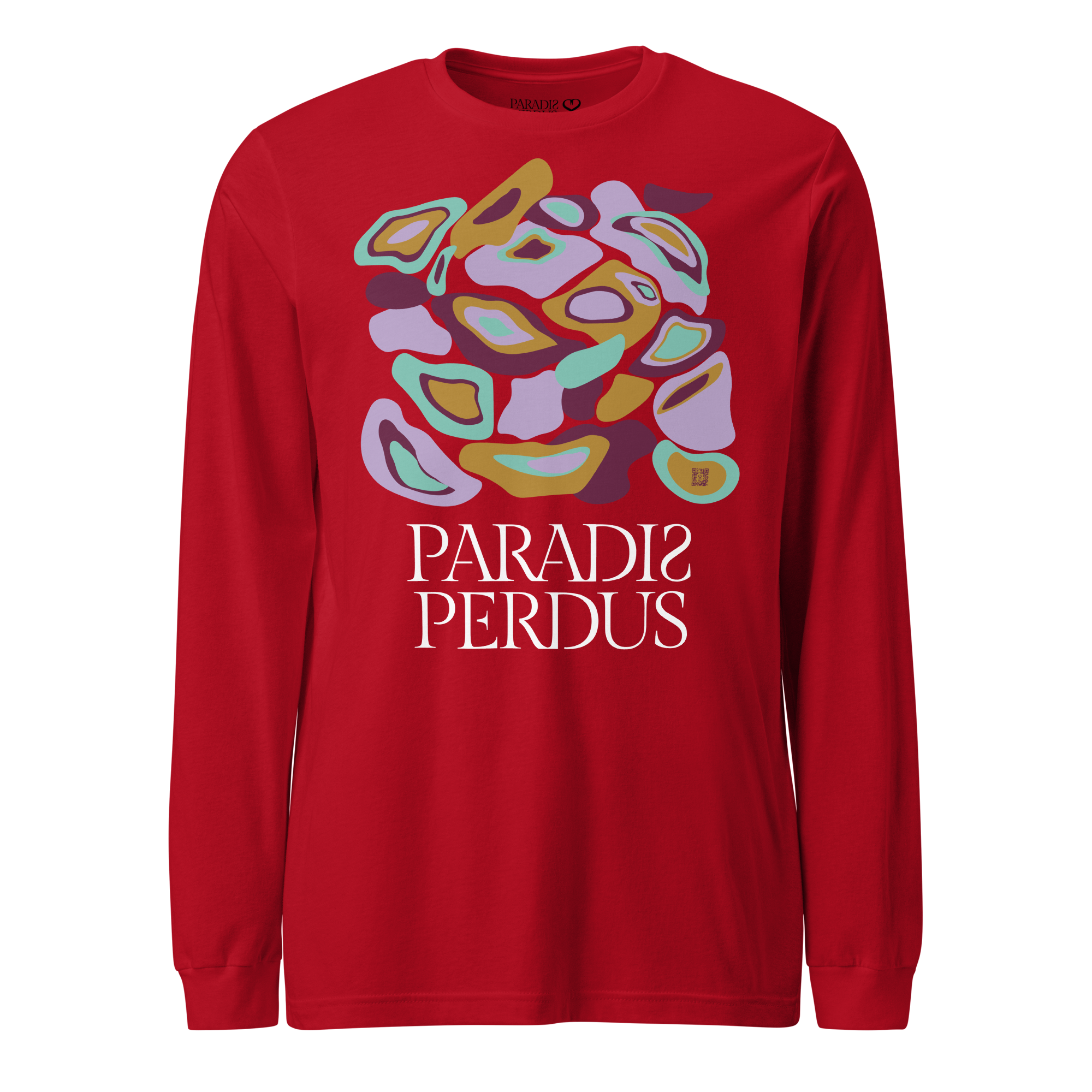 T-shirt manches longues en coton rouge écarlate imprimé “Panscro” de Paradis Perdus® 1 Le KRUSH workshop boutique T-shirt manches longues en coton rouge écarlate imprimé “Panscro” de Paradis Perdus® porté de devant