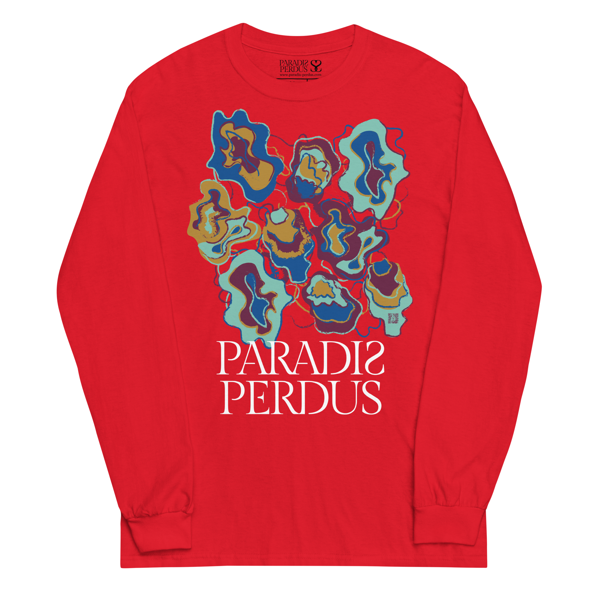 T-shirt manches longues en coton rouge écarlate imprimé “Sfogliatelle” de Paradis Perdus® 3 Le KRUSH workshop boutique T-shirt manches longues en coton rouge écarlate imprimé “Sfogliatelle” de Paradis Perdus® posé à plat devant