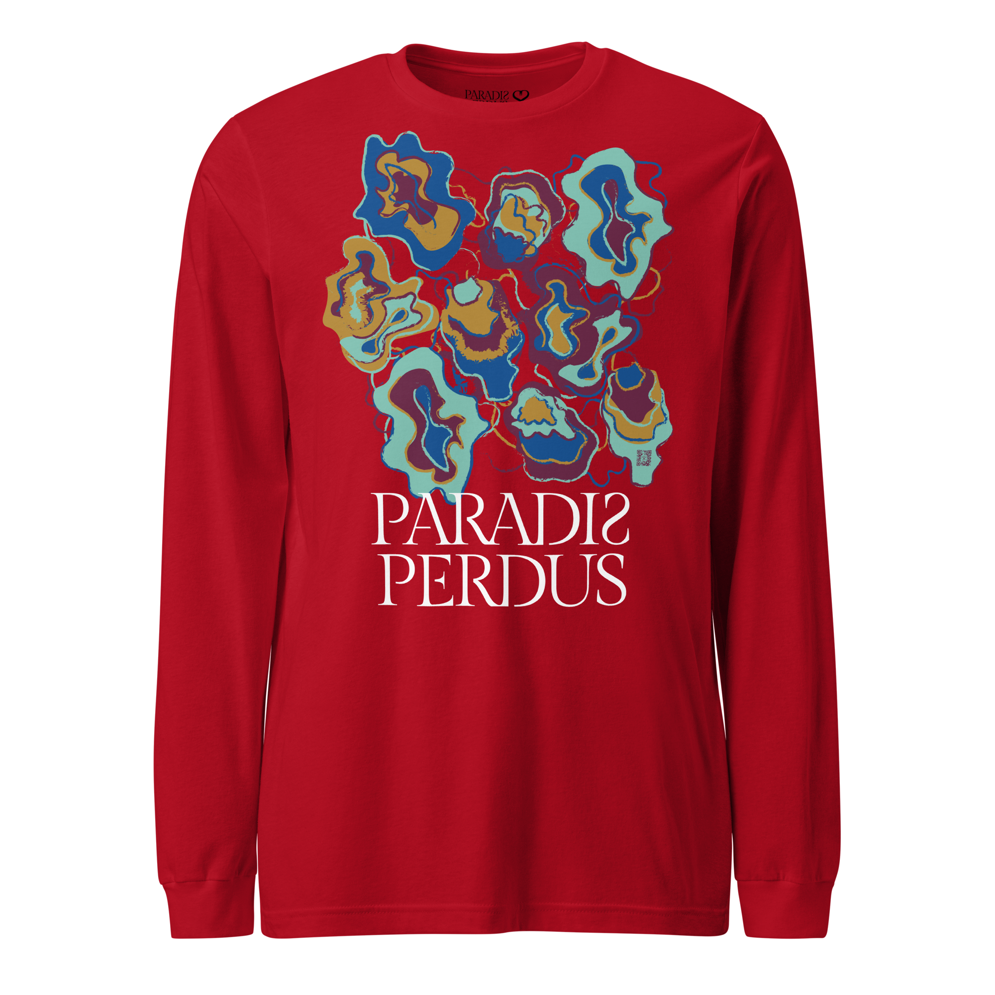 T-shirt manches longues en coton rouge écarlate imprimé “Sfogliatelle” de Paradis Perdus® 1 Le KRUSH workshop boutique T-shirt manches longues en coton rouge écarlate imprimé “Sfogliatelle” de Paradis Perdus® porté de devant