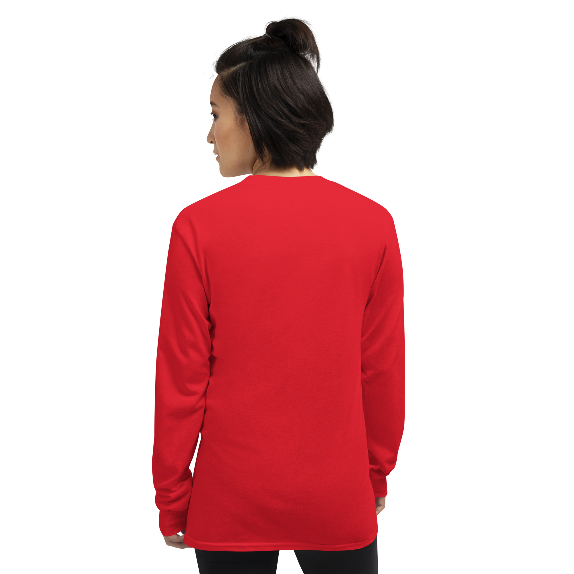 T-shirt manches longues en coton rouge écarlate imprimé “Sfogliatelle” de Paradis Perdus® 6 Le KRUSH workshop boutique T-shirt manches longues en coton rouge écarlate imprimé “Sfogliatelle” de Paradis Perdus® porté par une femme de dos