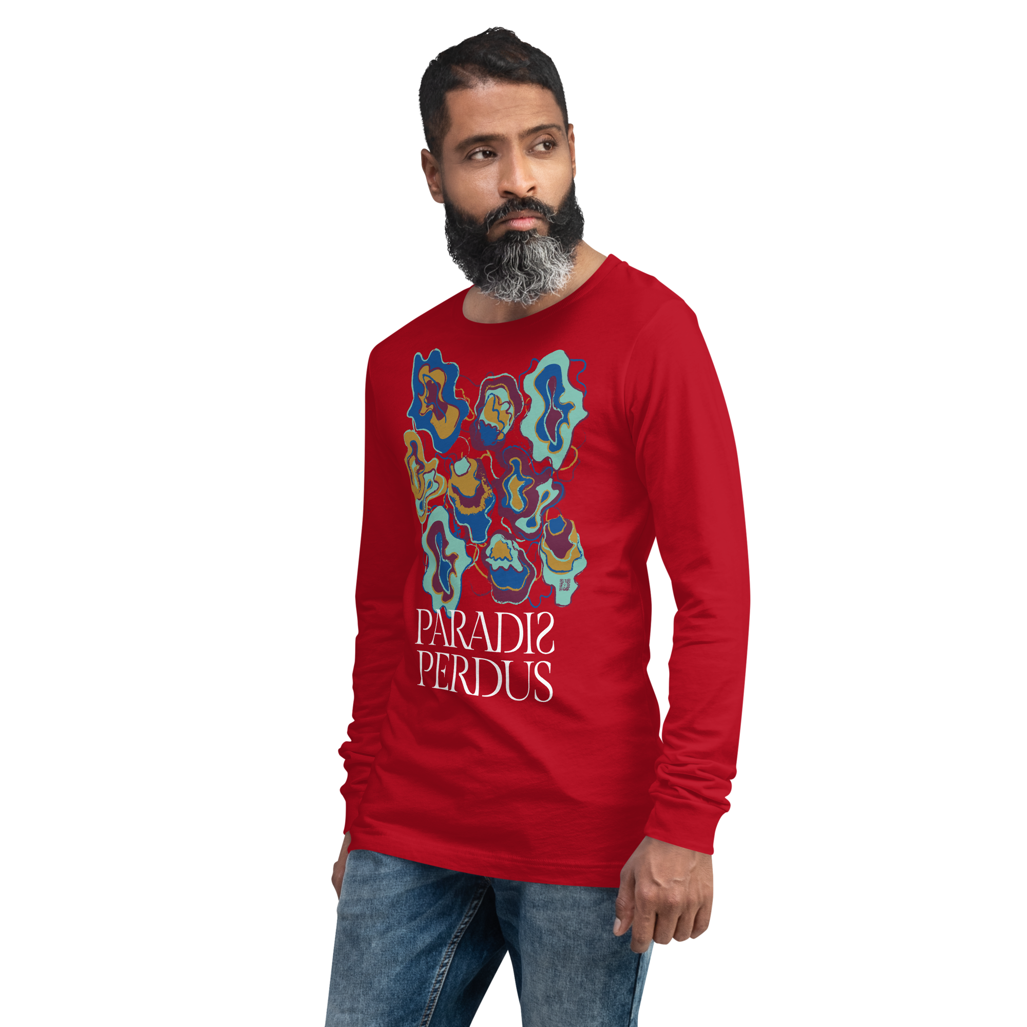 T-shirt manches longues en coton rouge écarlate imprimé “Sfogliatelle” de Paradis Perdus® 5 Le KRUSH workshop boutique T-shirt manches longues en coton rouge écarlate imprimé “Sfogliatelle” de Paradis Perdus® porté par un homme de profil