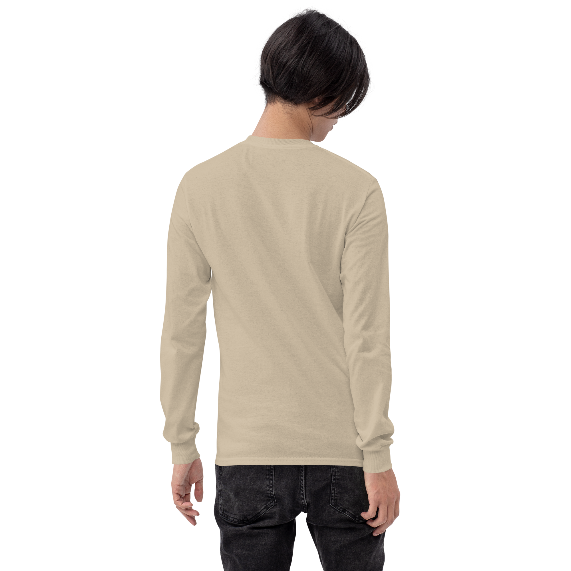 T-shirt manches longues en coton sable clair brodé monogramme blanc de Paradis Perdus® 6 Le KRUSH workshop boutique T-shirt manches longues en coton sable clair brodé du monogramme bleu marine de Paradis Perdus® porté par un homme de dos
