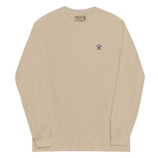 T-shirt manches longues en coton sable clair brodé du monogramme bleu marine de Paradis Perdus® porté de devant