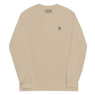 T-shirt manches longues en coton sable clair brodé du monogramme noir profond de Paradis Perdus® porté de devant