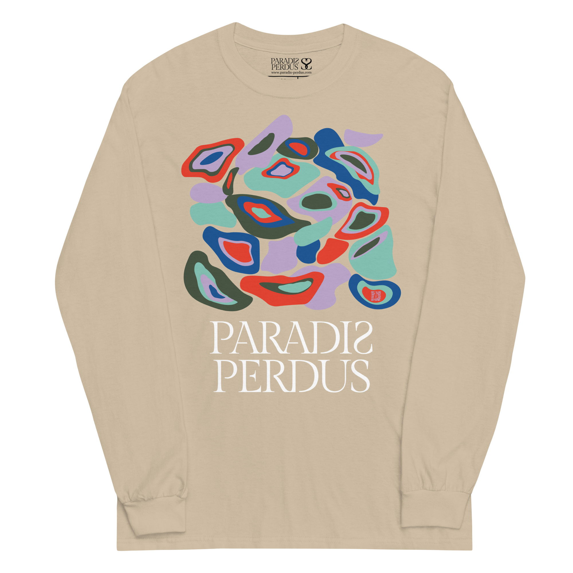 T-shirt manches longues en coton sable clair imprimé “Panscro” de Paradis Perdus® 1 Le KRUSH workshop boutique T-shirt manches longues en coton sable clair imprimé “Panscro” de Paradis Perdus® porté de devant