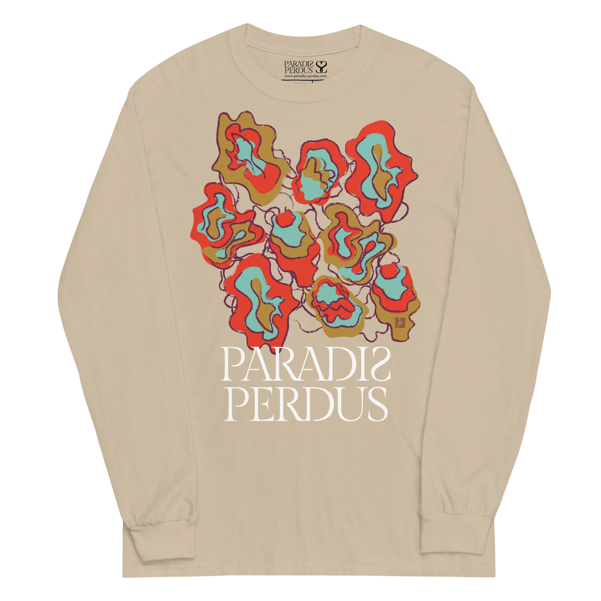 T-shirt manches longues en coton sable clair imprimé “Sfogliatelle” de Paradis Perdus® 1 Le KRUSH workshop boutique T-shirt manches longues en coton sable clair imprimé “Sfogliatelle” de Paradis Perdus® porté de devant