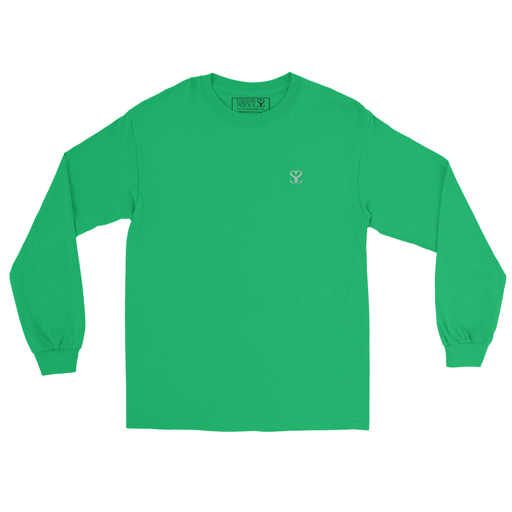 T-shirt manches longues en coton vert menthe brodé monogramme blanc de Paradis Perdus® 3 Le KRUSH workshop boutique T-shirt manches longues en coton vert menthe brodé du monogramme blanc intense de Paradis Perdus® posé à plat devant