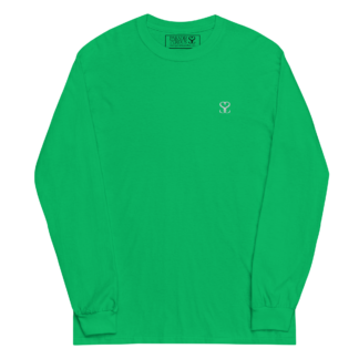 T-shirt manches longues en coton vert menthe brodé du monogramme blanc intense de Paradis Perdus® porté de devant