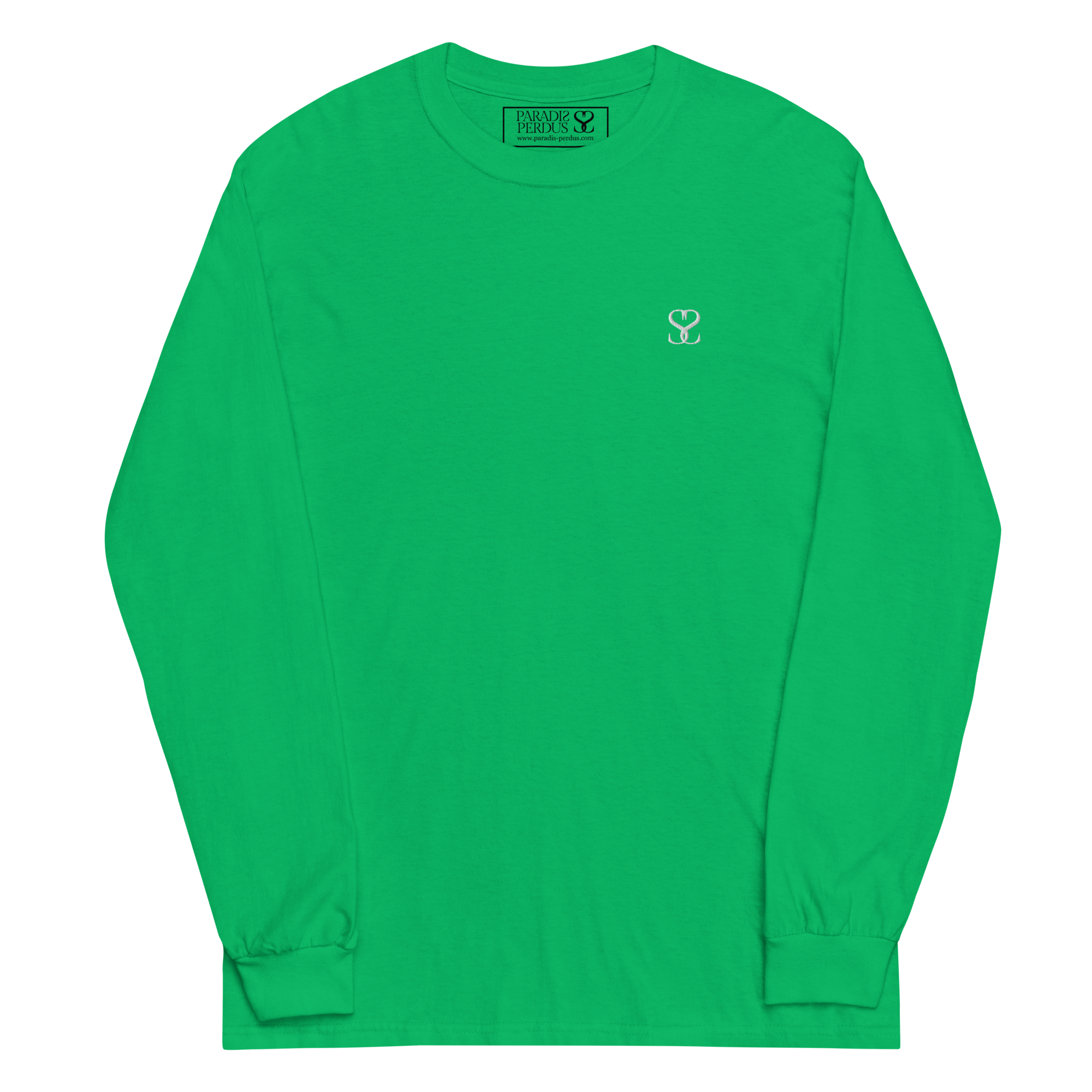 T-shirt manches longues en coton vert menthe brodé monogramme blanc de Paradis Perdus® 1 Le KRUSH workshop boutique T-shirt manches longues en coton vert menthe brodé du monogramme blanc intense de Paradis Perdus® porté de devant