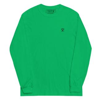 T-shirt manches longues en coton vert menthe brodé du monogramme noir profond de Paradis Perdus® porté de devant