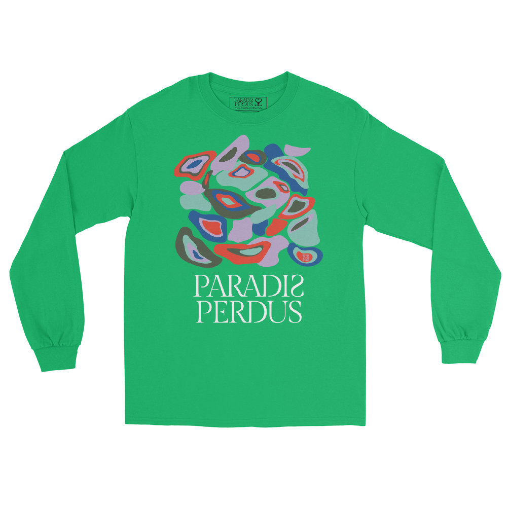 T-shirt manches longues en coton vert menthe imprimé “Panscro” de Paradis Perdus® 3 Le KRUSH workshop boutique T-shirt manches longues en coton vert menthe imprimé “Panscro” de Paradis Perdus® posé à plat devant