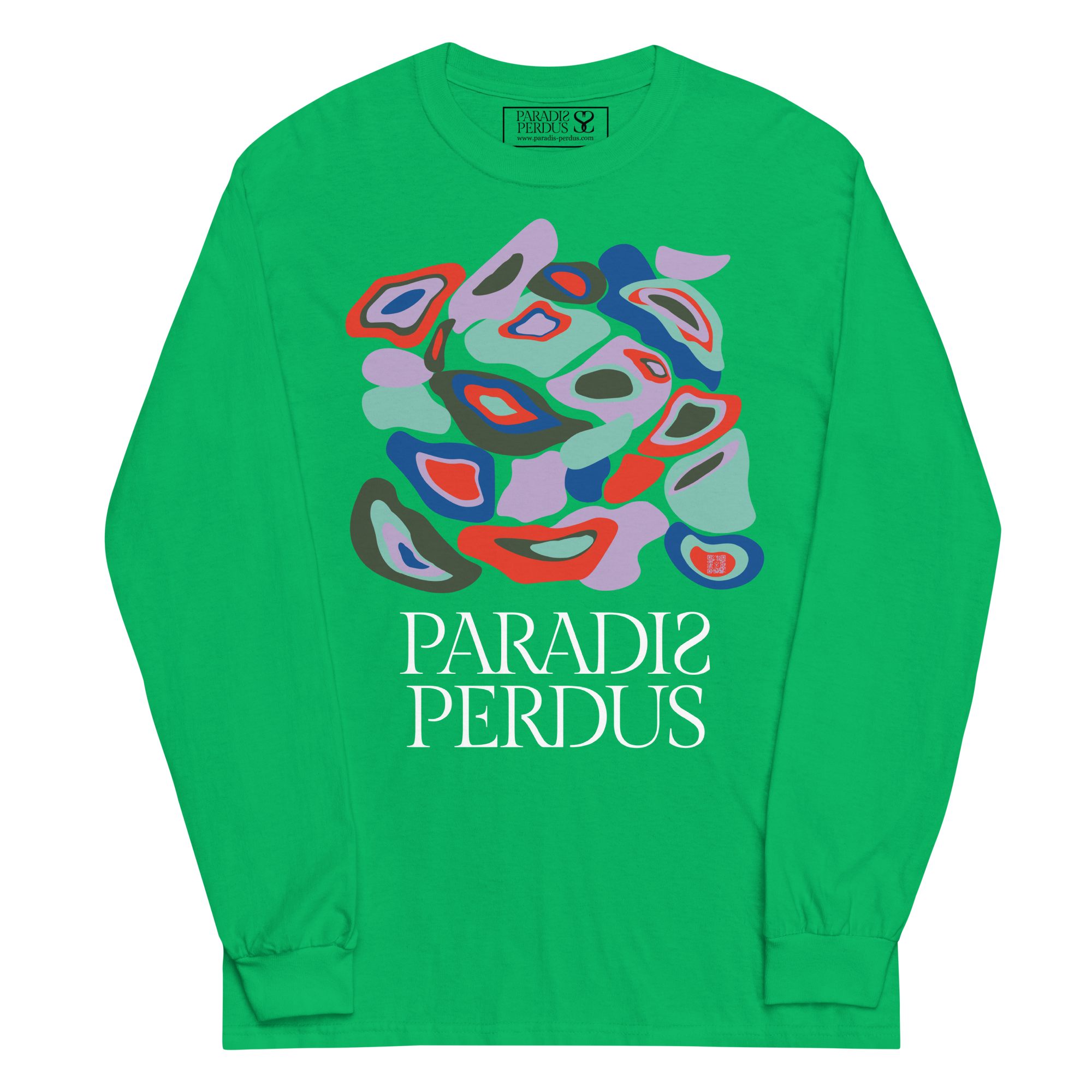 T-shirt manches longues en coton vert menthe imprimé “Panscro” de Paradis Perdus® 1 Le KRUSH workshop boutique T-shirt manches longues en coton vert menthe imprimé “Panscro” de Paradis Perdus® porté de devant