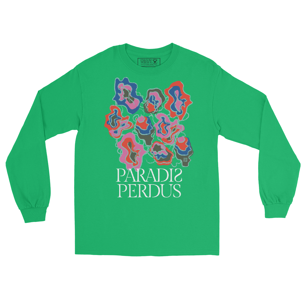 T-shirt manches longues en coton vert menthe imprimé “Sfogliatelle” de Paradis Perdus® 3 Le KRUSH workshop boutique T-shirt manches longues en coton vert menthe imprimé “Sfogliatelle” de Paradis Perdus® posé à plat devant