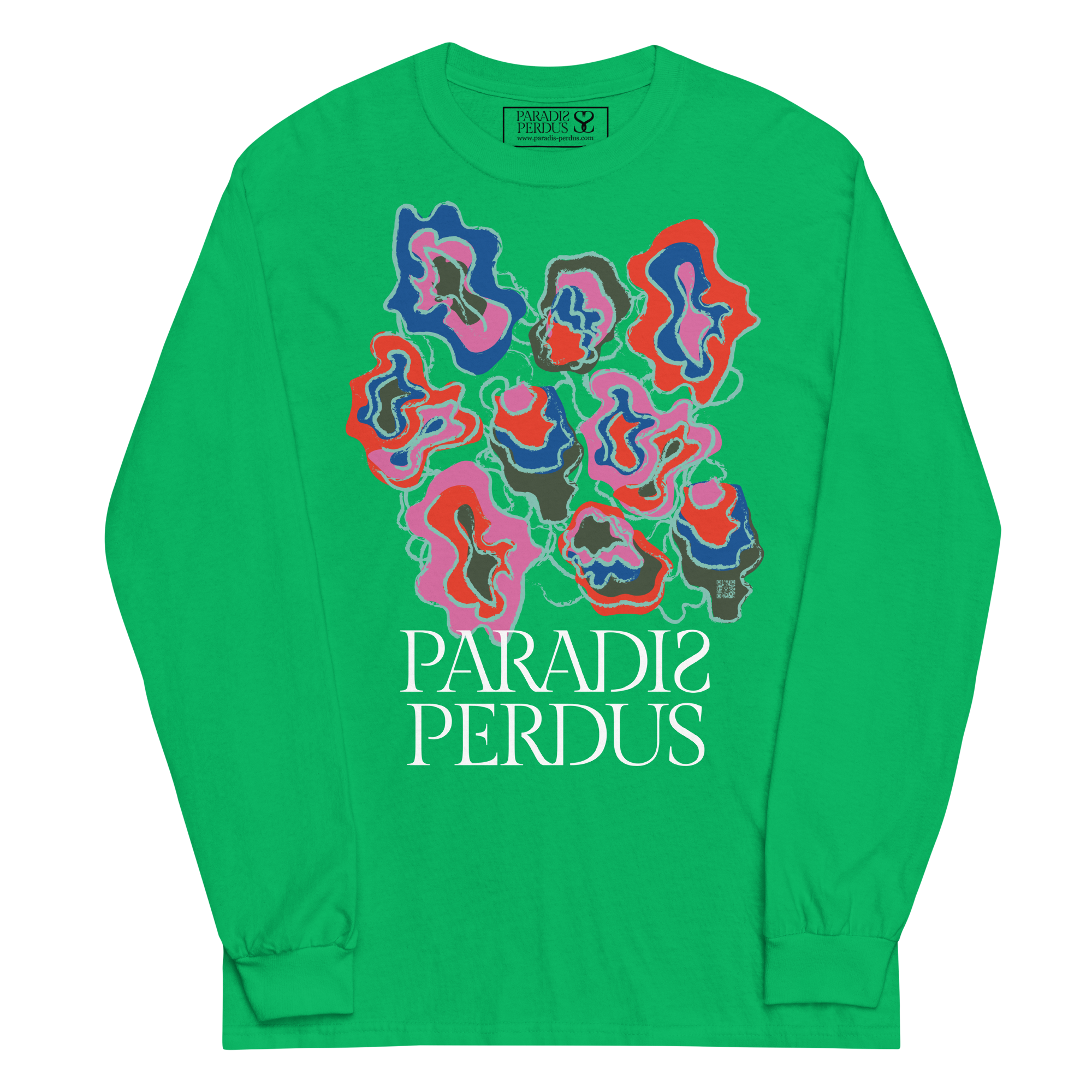 T-shirt manches longues en coton vert menthe imprimé “Sfogliatelle” de Paradis Perdus® 1 Le KRUSH workshop boutique T-shirt manches longues en coton vert menthe imprimé “Sfogliatelle” de Paradis Perdus® porté de devant