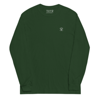 T-shirt manches longues en coton vert sapin brodé du monogramme blanc intense de Paradis Perdus® porté de devant