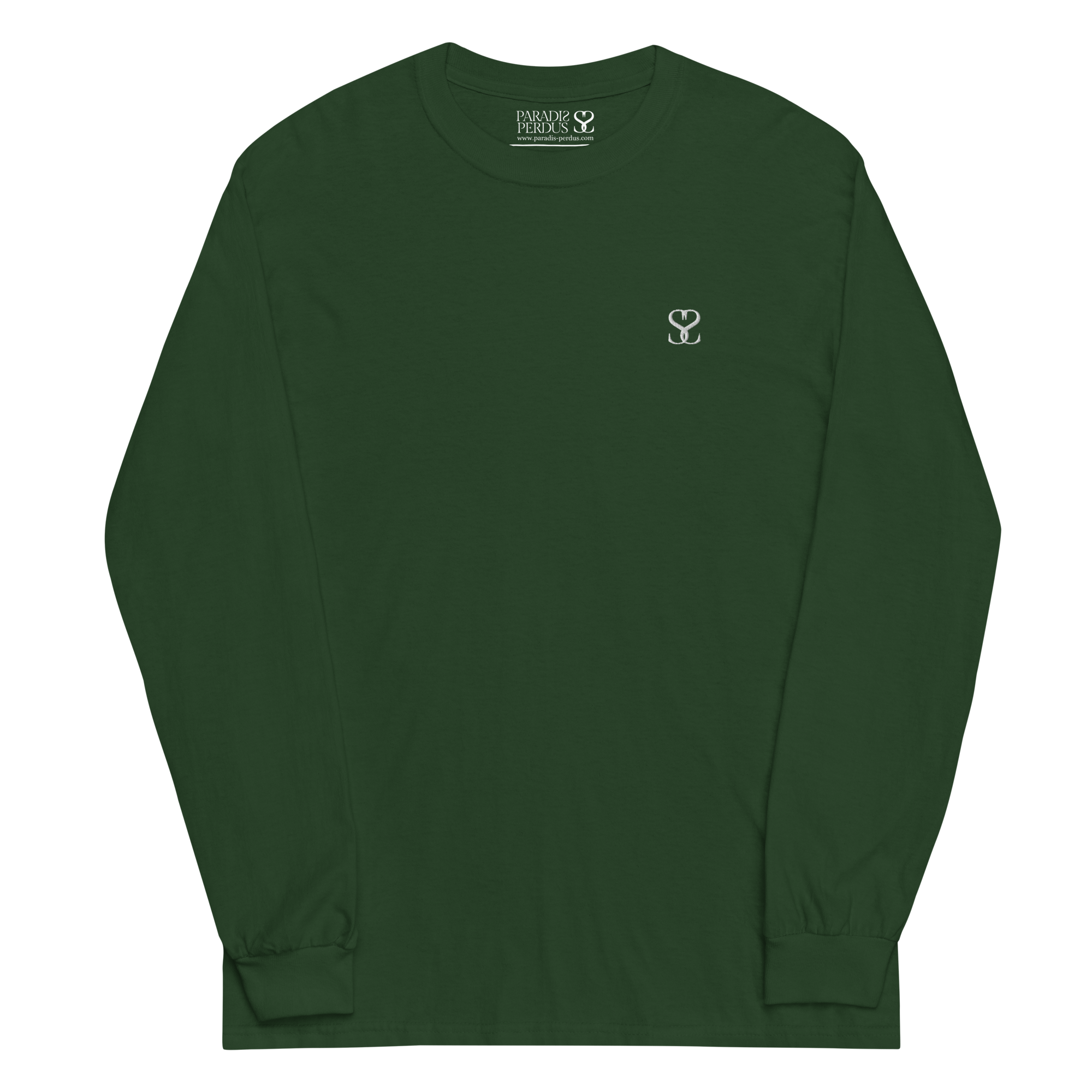 T-shirt manches longues en coton vert sapin brodé monogramme blanc de Paradis Perdus® 1 Le KRUSH workshop boutique T-shirt manches longues en coton vert sapin brodé du monogramme blanc intense de Paradis Perdus® porté de devant