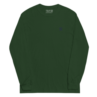 T-shirt manches longues en coton vert sapin brodé du monogramme bleu marine de Paradis Perdus® porté de devant