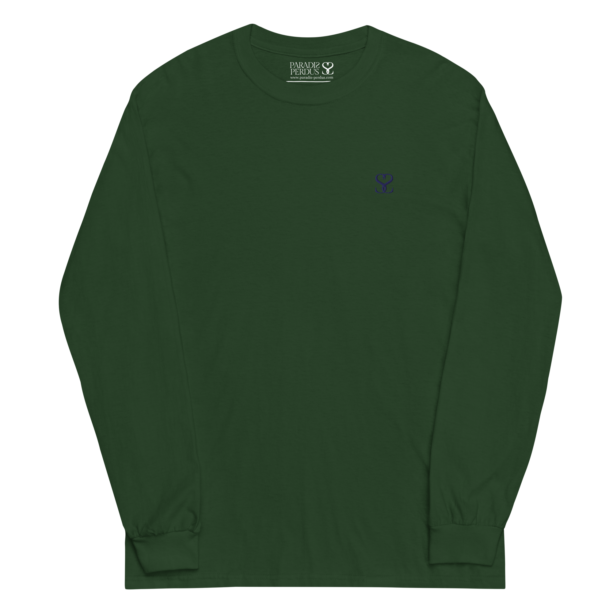 T-shirt manches longues en coton vert sapin brodé monogramme bleu de Paradis Perdus® 1 Le KRUSH workshop boutique T-shirt manches longues en coton vert sapin brodé du monogramme bleu marine de Paradis Perdus® porté de devant