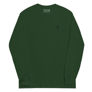 T-shirt manches longues en coton verts sapin brodé du monogramme noir profond de Paradis Perdus® porté de devant