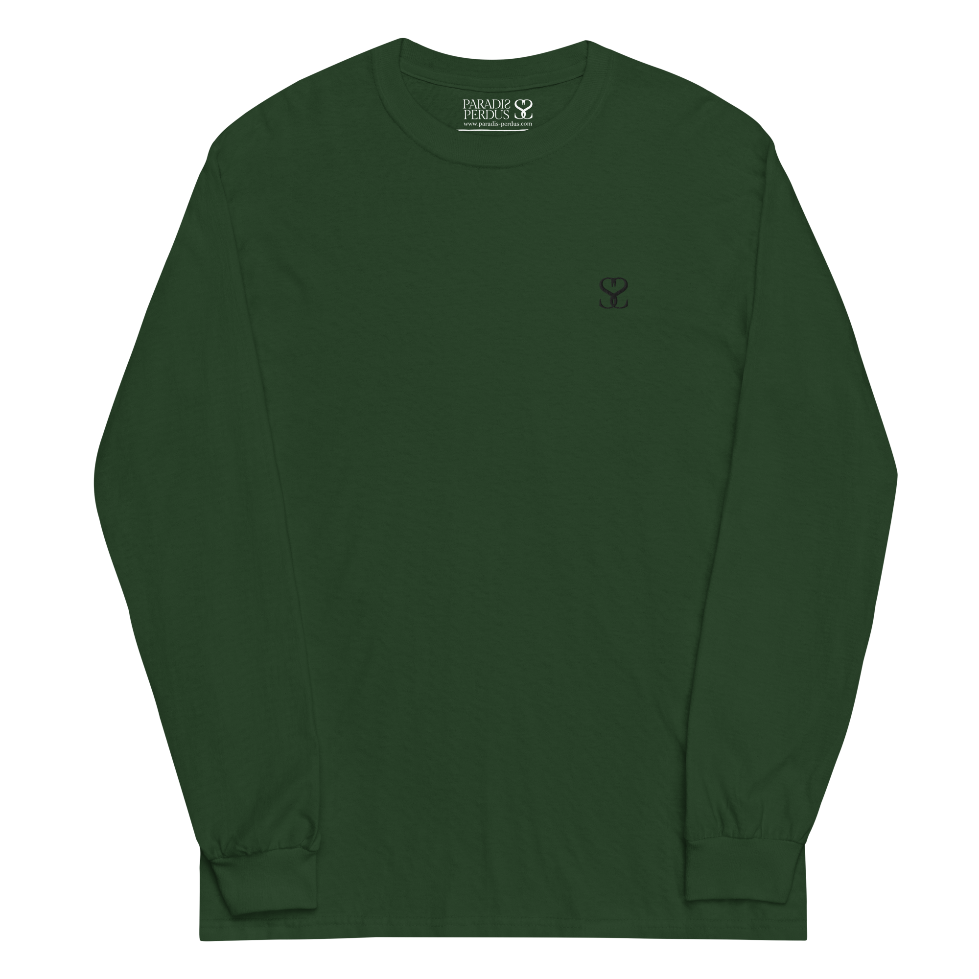 T-shirt manches longues en coton vert sapin brodé monogramme noir de Paradis Perdus® 1 Le KRUSH workshop boutique T-shirt manches longues en coton verts sapin brodé du monogramme noir profond de Paradis Perdus® porté de devant