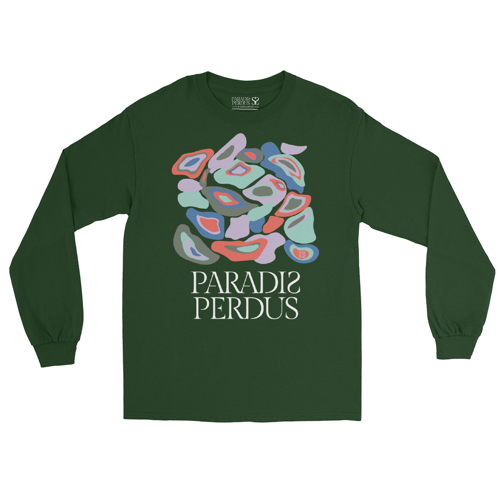 T-shirt manches longues en coton vert sapin imprimé “Panscro” de Paradis Perdus® 3 Le KRUSH workshop boutique T-shirt manches longues en coton vert sapin imprimé “Panscro” de Paradis Perdus® posé à plat devant