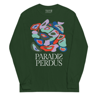 T-shirt manches longues en coton vert sapin imprimé “Panscro” de Paradis Perdus® porté de devant